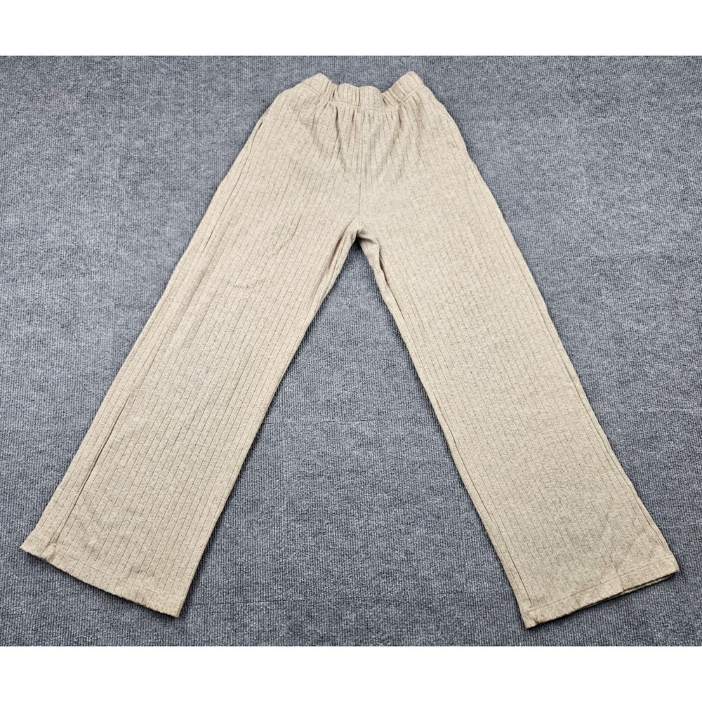 White Fox Ribbed Knit Wide Leg Pants Oatmeal Beige Lounge Trousers Small